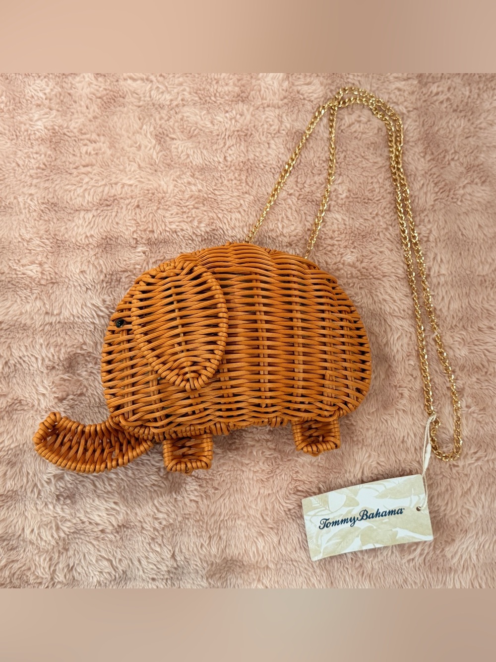 Tommy Bahama Woven Elephant Crossbody Bag - Brown with Gold Chain - Picture 9 of 9